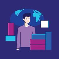 Flat young man in lavender shirt poses with globe and blocks on blue vector
