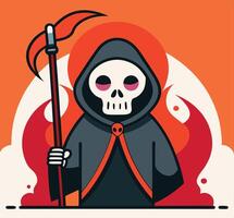 Cartoon grim reaper with pink eye sockets holds a scythe, set against a fiery backdrop vector