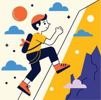 Smiling man wearing a yellow shirt and a cap is climbing up the mountain vector