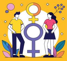 Two gender symbols stand between a man and a woman on a yellow background vector