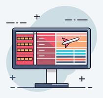 Animated computer screen displays a colorful flight schedule with an airplane graphic, perfect for travel themes vector