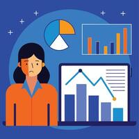 Unhappy woman presents the falling chart with pie chart alongside rising column graph vector