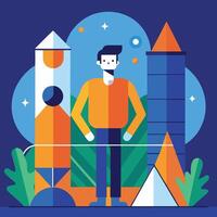 Flat cartoon man stands between abstract towers with celestial orbs in a vibrant setting vector
