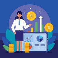 Smiling woman presents financial growth data on tablet with upward arrow and coins vector