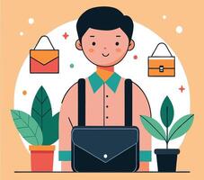 Stylish Asian man wears messenger bag between potted plants and floating handbags vector