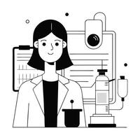 Smiling young scientist wearing a lab coat stands behind scientific equipment in black and white vector