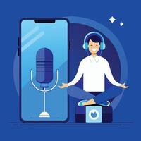 Smiling Asian man with headphones meditates near a large phone displaying a microphone vector