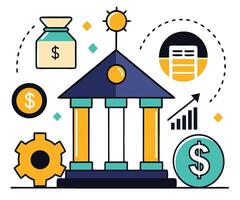 Stylized financial institution building stands amid money, graphs, and a turning gear icon vector