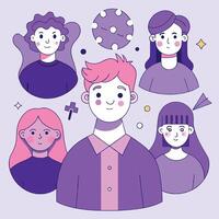 Diverse young people with soft features smile amidst geometric shapes on a light backdrop vector