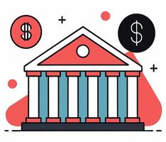 Greek temple style building with money symbols and abstract shapes stands alone vector