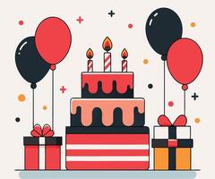 Three tiered cake adorned with candles stands between gifts and red and black balloons vector