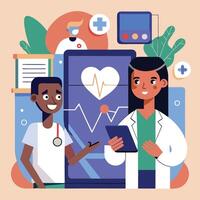 Smiling African American doctors examine an ECG display on a tablet screen attentively vector
