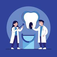 Smiling dentists, a man and woman, stand near a large tooth in cartoon style vector