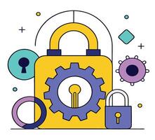depiction shows a bright yellow padlock with a gear on it, set against white vector