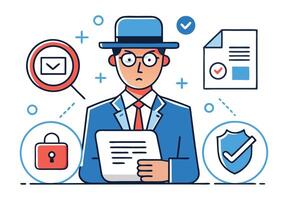 Cartoon man with document surrounded by lock, shield and other security icons vector