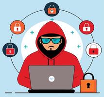 Cartoon hacker with red hoodie uses a laptop surrounded by colorful padlock icons vector