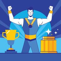 Smiling athlete wearing a medal celebrates victory with a trophy and treasure box vector