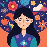 Portrait of serious woman featuring vibrant floral elements adorn the background in colorful hues vector
