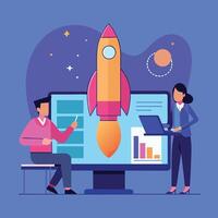 Two business persons review rocket launch data from the computer screen display vector