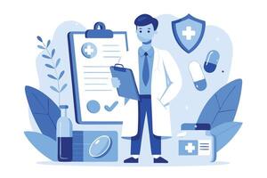 Monochromatic medical practitioner reviews patient records in blue and white color scheme vector