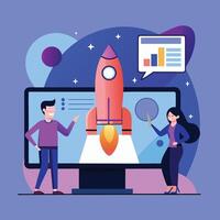 Two people near the monitor are celebrating the takeoff of a rocket that is visible vector