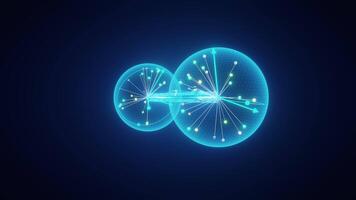 Abstract digital of two entangled qubit spheres connected by binary code, symbolizing quantum communication and information exchange. video