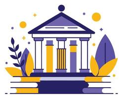 Stylized educational building with bold columns rises among books and foliage in space vector