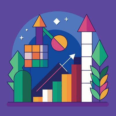 Stylized business bar graphs project an upward trend amid geometric nature and financial symbols