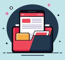 Red folder contains a mobile phone displaying organized data, on a lightblue background vector