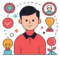 Smiling Asian man surrounded by lightbulb, checkmark, plant, profile and trophy, isolated vector