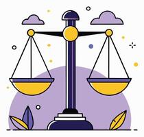 Balance scales stand with a stylized violet backdrop, yellow leaves, and clouds in the background vector