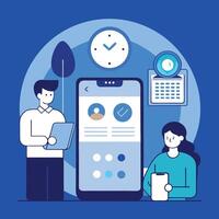 Man and woman interact with a large mobile phone while holding devices vector