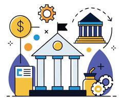 Stylized building featuring money, gears, and documents floats on a white background vector