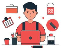 Smiling man sits before a laptop surrounded by office supplies in simple line art vector