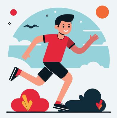 Smiling athletic Asian man in red shirt runs past stylized nature background seamlessly