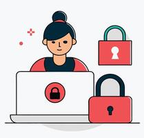 Brunette woman uses laptop surrounded by red padlocks, conveying security, with transparent background vector