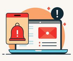 Alert notifications appear on a laptop and a phone displayed with notification bell icon vector