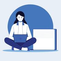 Young woman using laptop while sitting cross legged near an open book on white background vector