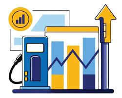 A blue gas pump supports charts showing rising financial data with a yellow arrow above vector