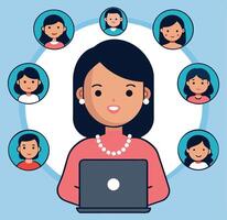 Smiling woman uses laptop surrounded by diverse individuals in circular avatars on blue backdrop vector