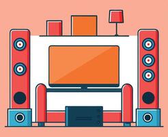 A modern living room setup features television, speakers, shelving, and decorative objects vector