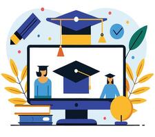 Flat computer shows two women and caps around educational objects on transparent background vector