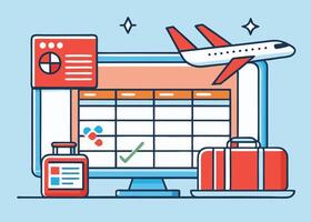 Travel planning appears on a computer screen, complete with a suitcase and airplane vector