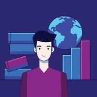 Fairskinned man stands cheerfully before a globe, bars, and stacked geometric blocks vector