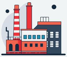 Flat stylized factory building has red and white chimneys, featuring a transparent background vector
