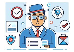 Detective character with hat, glasses, and business suit checks reports and relevant data vector
