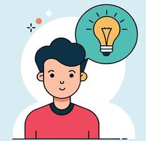 Young man with a big idea showcases an electric light bulb in thoughts vector