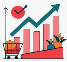 Teal arrow rises beyond pink graphs near plants and a cart with contents shows growth vector