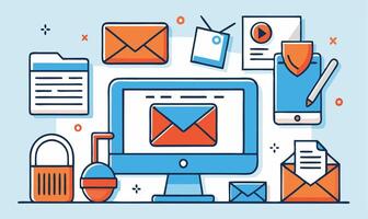 Illustrated computer display showing an email with documents and security items with a blue outline vector