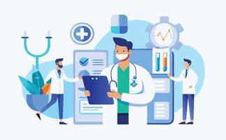 Three doctors examining medical data and records in a modern digital health environment vector